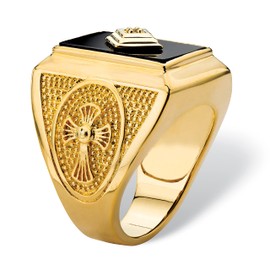 PalmBeach Men's Yellow Gold-Plated Emerald Cut Natural Black Onyx and Diamond Accent Cross Ring Sizes 8-13 Size 9