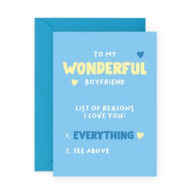 Blue Love Card for Him - 'Wonderful Boyfriend List Why' - Gifts for Babe, Hun, Other Half, Darling, Mr - Valentines Day Present for Men- Comes with Fun Stickers