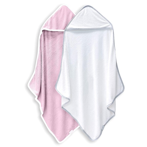 BAMBOO QUEEN 2 Pack Baby Bath Towel - Rayon Made from Bamboo, Ultra Absorbent - Ultra Soft Hooded Towels for Kids - X Large Size for 0-7 Yrs (White and Pink, 37.5 x 37.5 Inch)