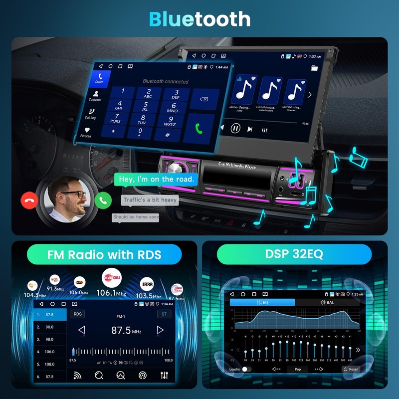 4G+64G Android Car Stereo Single Din with Foldable Touchscreen Wireless