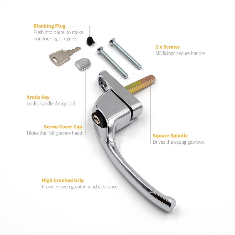 Armis Espag Cranked Window Handle - Left, Chrome, 30mm