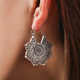 Cybche Boho Mandala Flower Earrings Ethnic Mandala Earrings Vintage Tribal Hoop Earrings Gypsy Brass Flower Dangle Earrings Silver Filigree Statement Earrings Jewelry for Women