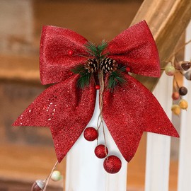 Red Christmas Bow Reusable Christmas Tree Topper Glitter Xmas Decorative Bows Garland Sequin Bow Ties for Christmas Tree Wedding Party Festival Party 9.8x11.8in