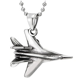 COOLSTEELANDBEYOND Stainless Steel Vintage Fighter Plane Pendant Men's Necklace with 60 cm Steel Ball Chain, Stainless steel, metal, steel, Non-applicable