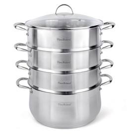 3-Tier Stainless Steel Steamer Pot with Lid Dumpling Steamer Pot for Cooking (3-tiered), Multi-Layer Cookware Pot, Food Vegetable Cooking Pan with Stackable Pan Insert for Vegetable, Dumpling, Meat, Dishwasher safe, Induction Safe (Silver, 9.08-qt. (8.6 L))