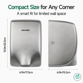 anydry Compact Hand Dryer, High-Speed 1350W Airflow, Brushed Stainless Steel Finish, Space-Saving for Commercial & Home Use, Model 2803Y