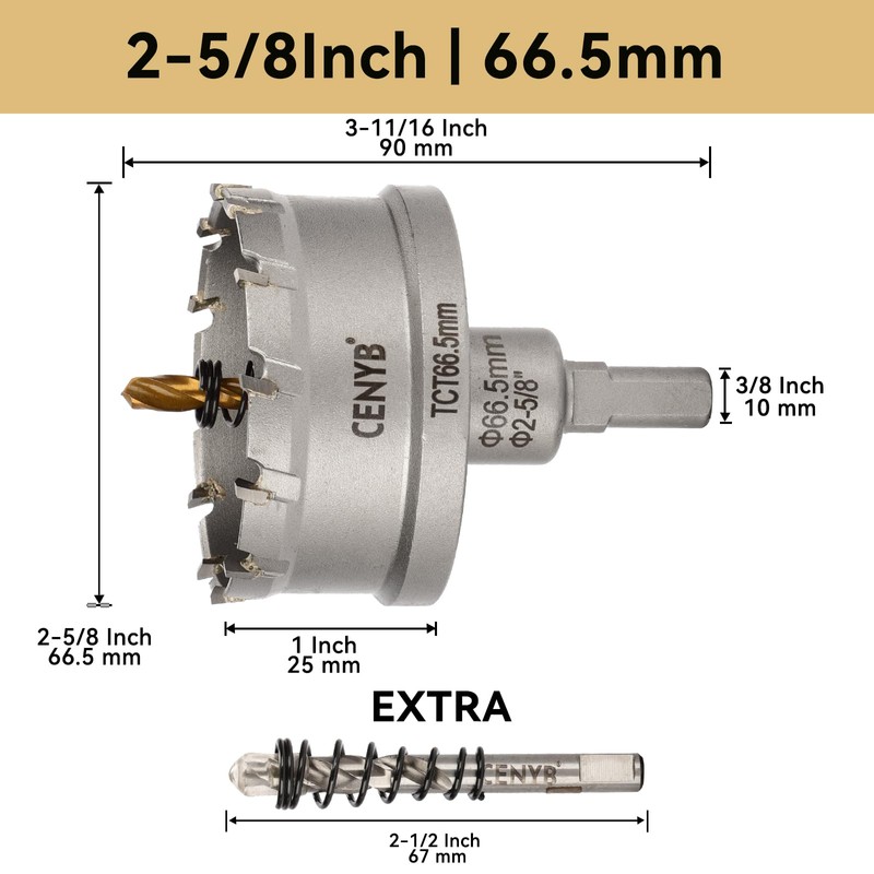 CENYB 2-5/8" (66.5mm) Tungsten Carbide Tipped Hole Saw with 2Pcs