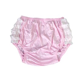 Haian Rumba Adult Plastic Ruffle Incontinence Pants White PVC (Large, Baby Pink)