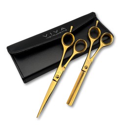 Professional 6.5 Inch Hair Scissors & Thinning Shears Texturing Set Premium Stainless Steel for Precision Cutting Sharp Blades for Effortless Styling Salon Quality Cuts Hairdressing Tools (Gold)