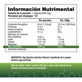 Espirulina 500mg - 1500 mg (3 Cápsulas) - 100 Cápsulas - S&V - Sin Gluten y Sin OMG