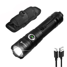 FandyFire Tactical Flashlight with Holster for Duty Belt, 1300 High Lumen Police Flashlight - 6 Mode Rechargeable LED Flashlight for Camping/Law Enforcement FG10(Black)