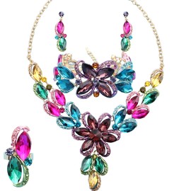 Jewelry Set for Women Rhinestone Austrian Crystal Statement Flower Necklace Link Bangle Bracelet Dangle Earrings Rings Allergy Free Wedding Party Jewelry Set for Bridal Bridesmaid, Alloy, crystal