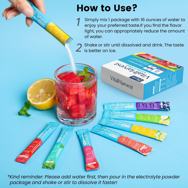 24 Sticks Electrolytes Powder Packets 7 Flavors Sugar Free Hydration