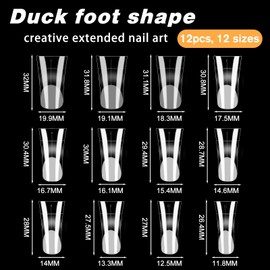 120 PCS Duck Nail Tips Full Cover Short Clear Press on Nail Tips Fan Flare Crystal Duck Feet Style Nail Tips Gel X Nail Duck Acrylic Nails for Wide French False Nail Extension Y2k Designs 12 Size