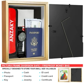 ANZAKY Photo Picture Frame Diversion Safe with Fireproof & Waterproof Money Bag, Hidden Compartment Storage to Shield your Money, Cash, Glod 5"x7"