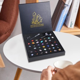 Gemstone Collection - Gemstones & Crystals Kit - Gem Stones & Identification Book Display Case Rock and Mineral Collection for STEM Science Education Pochy