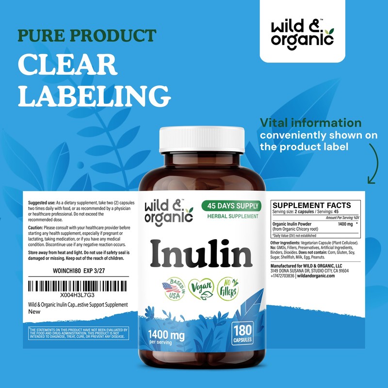 Wild & Organic Inulin Capsules - 180 Count- Digestive Support