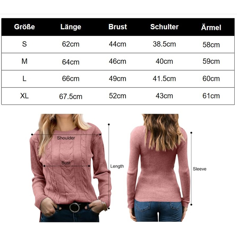 Runcati Women's Casual Plain Long Sleeve Cable Knitted Crew Neck