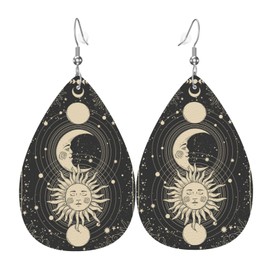 Vintage Sun Moon Stars Earrings For Women Jewelry Lightweight Faux Leather Teardrop Drop Dangle Earrings