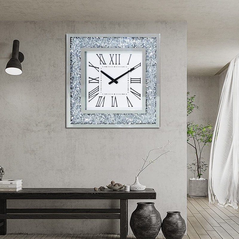Silver Mirror Clock Crystal Sparkle Twinkle Bling Crush Diamond Mirrored