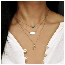 Inilbran Boho Layered Turquoise Choker Necklace Gold Lucky Wishbone Necklace Blue Turquoise Bead Necklace Choker Vintage Turquoise Stone Necklace Choker Jewelry for Women and Girls