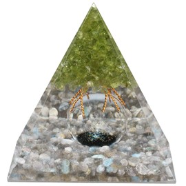 mookaitedecor Peridot Tree of Life Orgone Pyramid with Labradorite Tumbled Stones and Glass Crystal Ball, Reiki Healing Meditation Energy Generator for Protection Home Decor