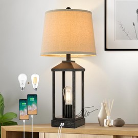 28" Black Farmhouse Bedside Table Lamp for Living Room, 3-Way Dimmable Touch Control Modern Nightstand Lamp with 2 Light, Rustic Desk Lamp with USB Ports for Bedroom, Home, Office, 2 Bulbs Included