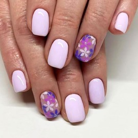 Light Purple Press on Nails Short Square Fake Nails Glitter Flowers Acrylic Nails Spring Glossy False Nails Cute Nails Press ons Purple Full Cover Stick on Nails for Women Glue on Nails 24 Pcs
