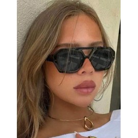 ADE WU Trendy Square Aviator Sunglasses for Women Designer Inspired Thick Double Bridge Hexagon Sun Glasses Black