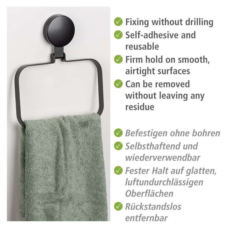 WENKO Static-Loc® Plus Pavia Black Towel Rail, Attachment without Drilling,