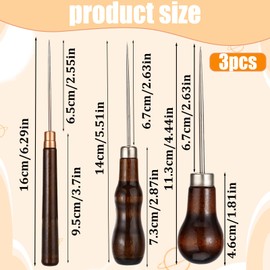 Pack of 3 Awl with Wooden Handle Puncher Leather Tool Wood Leather Awl Tool Leather Sewing Tool Pricking Needle Hand Tool for Turning Bags Punching Holes