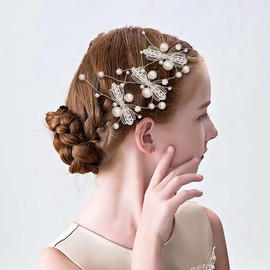 IYOU Crystal Princess Hair Clips Silver Pearl Communion Hair Pieces Bowknot Bridal Wedding Hair Accessories for Girls(3 Pcs)