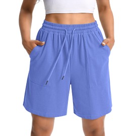 NOIGEFAY - Pantalones cortos deportivos de algodón para mujer, de cintura alta, sueltos, con cordón y bolsillos, Azul/claro, Large