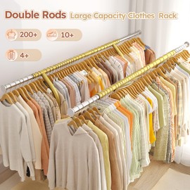 Raybee 74" W Heavy Duty Clothes Rack, Double Rods Gold Clothing Rack Load 630 LBS, Rolling Clothes Racks for Hanging Clothes 400+, Garment Rack with shelves for Bedroom, Laundry Room, Retail Store