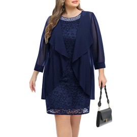 Women Plus Size Wedding Guest Dresses Navy Two-Piece Jacket Mother Bride Long Sleeve Chiffon Pencil Knee Length Dress
