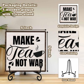 GOLRMC Funny Tea Bar Decor, Tea Bar Accessories, Make Tea Not War Sign, Farmhouse Kitchen Wooden Plaque with Iron Stand for Dinning Room Desk Shelf Display-A13