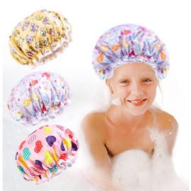 Shower Cap for Kids, 3 Pack Large Reusable Double Layer Waterproof Shower Cap, Washable Plastic Toddler Shower Caps, Elastic Band Bath Hair Cap for Women Girls Spa Salon (Dolphin+Elephant)