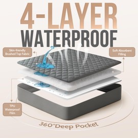 Downstoria Waterproof Mattress Protector, Queen Size Mattress Pad, Soft Breathable Gray Mattress Cover with 6"-16" Deep Pocket, Dirt-Proof Washable Bed Cover for Home, Bedroom, Hotel