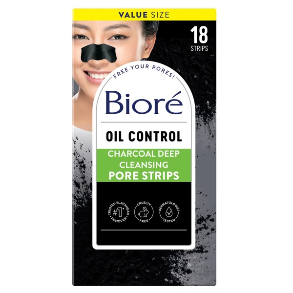 Biore Charcoal, Deep Cleansing Pore Strips, Nose Strips for Blackhead Removal on Oily Skin, with Instant Pore Unclogging, features Natural Charcoal, See 3x Less Oil, 18 Count