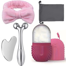 Juego de herramientas de masaje facial de cinco piezas, tablero gua sha de acero inoxidable y rodillo 3D, bandeja de hielo de silicona: herramienta de compresa fría facial reutilizable, diadema de vellón coral: evita que el agua salpique tu cabello cuand