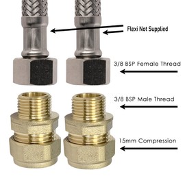 Reeds 15mm Compression by 3/8" BSP Male Iron Thread European Flexible Tap Adapters (Pair) Brass WRAS Aproved