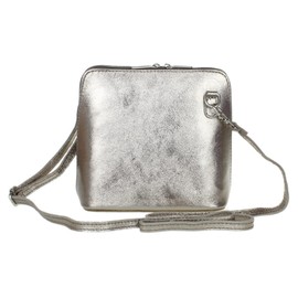 Girly Handbags Womens Small Vera Pelle Genuine Metallic Leather Handbag Rigid Cross Body Shoulder Bag Real Italian Mini Strap Platinum