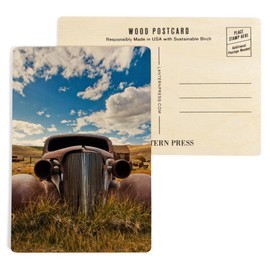 Abandoned Car in Field (4x6 Birch Wood Postcards, 2-Pack Stationary, Rustic Home Wall Decor)