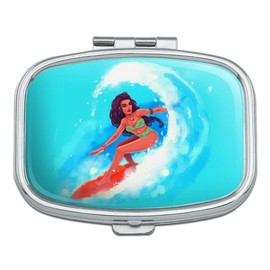 Surfer Girl Surfing On Wave with Surfboard Rectangle Pill Case Trinket Gift Box