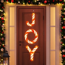 3Pcs 11.8inch Joy Christmas Tree Ornament Large Christmas Light Door Wreath Rustic Wooden Glitter Red Peppermint Candy Letters Xmas Hanging Outdoor Porch Decor for Home Holiday