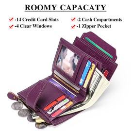 FALAN MULE Women's Genuine Leather Bifold Compact RFID Blocking Wallet, Deep Purple, 5.12 x 3.93 x 1.2 in