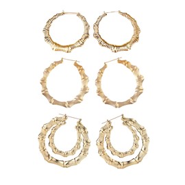 3 Pairs Gold Tone Large Bamboo Style Hoop Earrings for Women Girls Round Circle Statement Hip-Hop Earrings, Metal, alloy