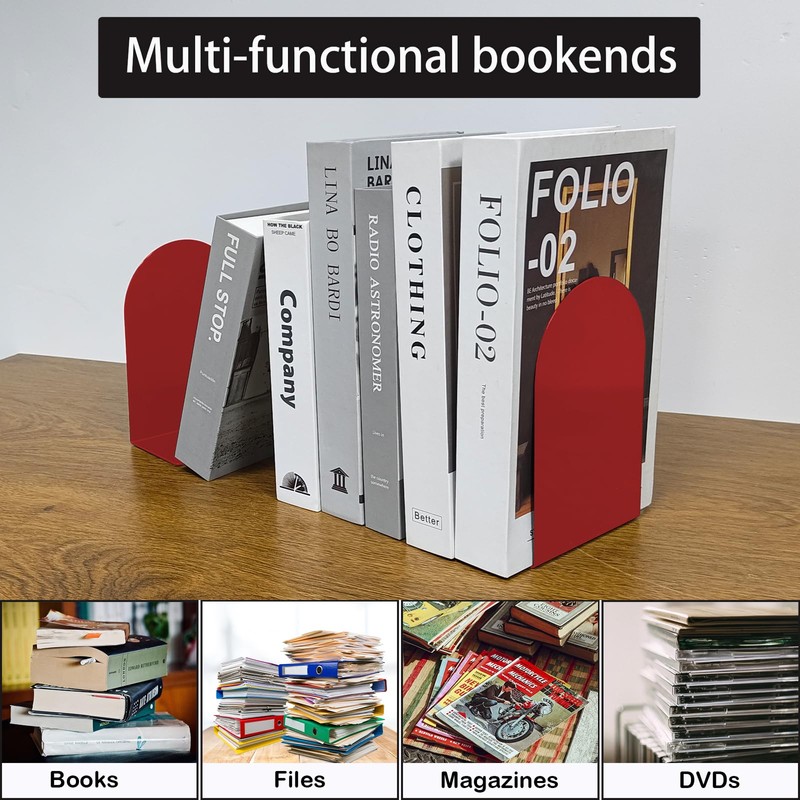 MerryNine Metal Book Ends, 4 Pack Red Bookends for Shelves,
