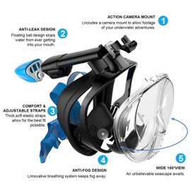 Jsdoin Snorkel Mask Adult Full Mask, 180 Degree Vision Diving Mask with Panoramic Full Face Design, Sports Cameras Compatible Diving Goggles for Adults and Children (Black Blue, L/XL)