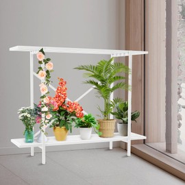 Metal Plant Stand 2 Tier Potted Multiple Flower Pot Holder Plant Shelf Indoor and Outdoor,L35 xW 8.6 x H30 inch,Heavy Duty Planter Display Shelving Unit for Patio Garden Corner(White - Without Pulley)